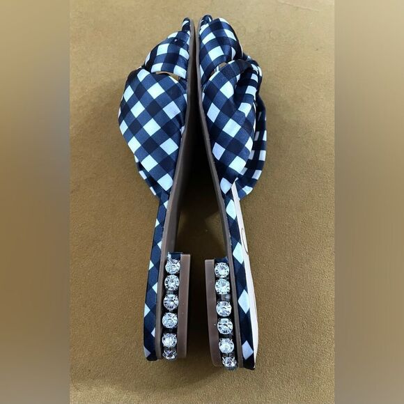 NWOT Jessica Simpson Sashara Blue & White Checked Slides Rhinestone Heels 7.5 - Picture 3 of 7